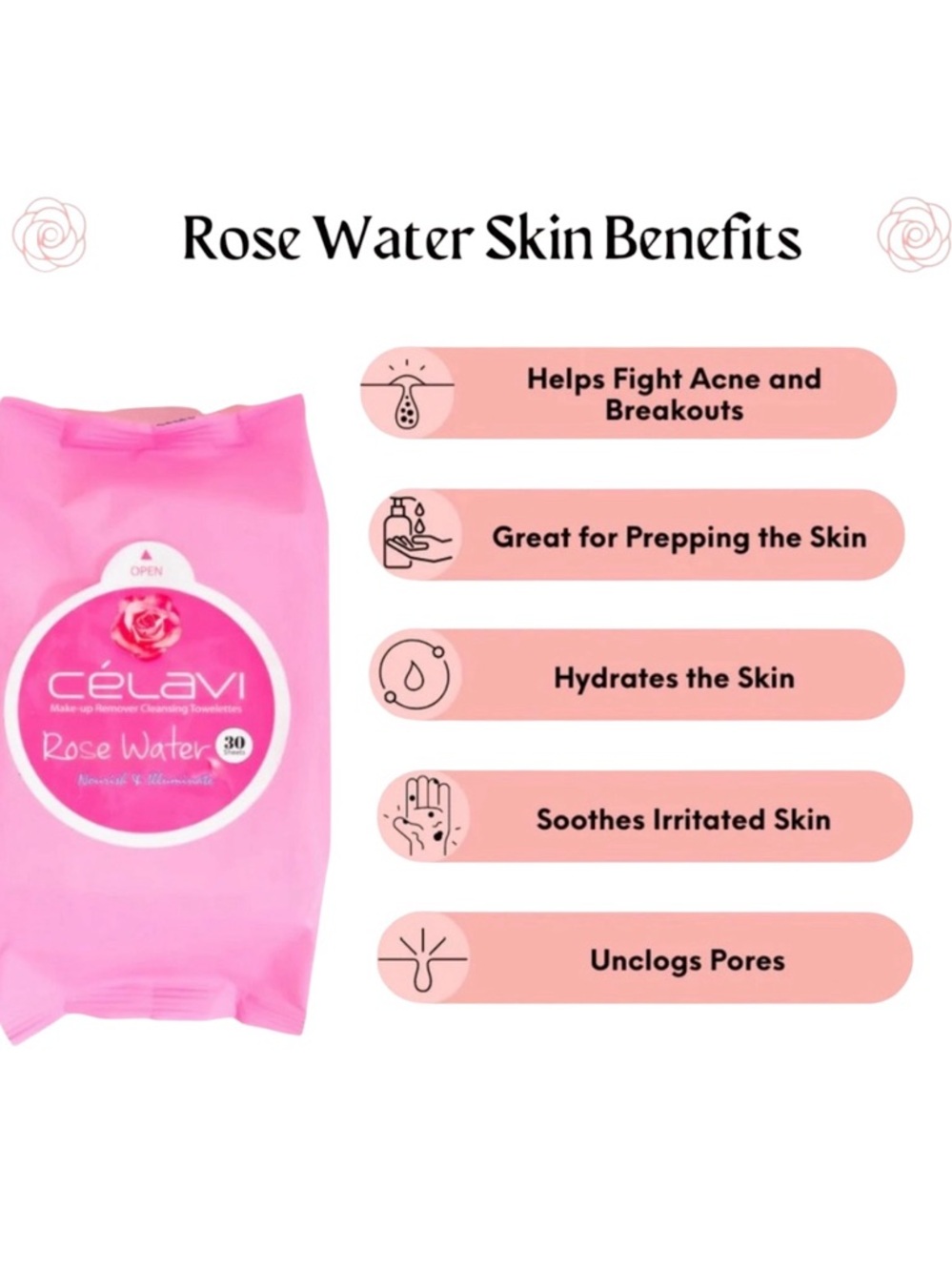 Celavi Rose Water Korean Makeup Remover Cleansing Wipes Removing 30 Towelettes
